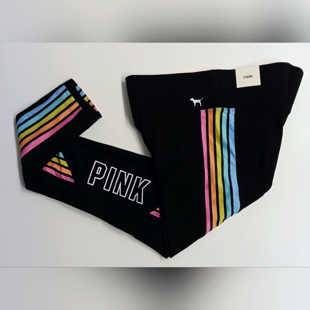 PINK Victoria’s Secret Black Yoga Rainbow Stripe Leggings – Small – NWT